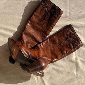 Frye Cognac Brown Leather Mid-Calf Heeled Boots